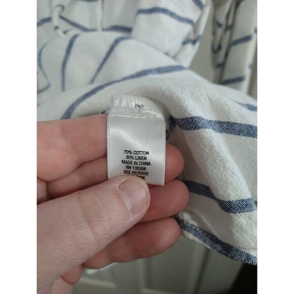Sunday Woman 1X Blouse Pullover V Lace Neckline Blue White Striped Linen Blend - Picture 9 of 11